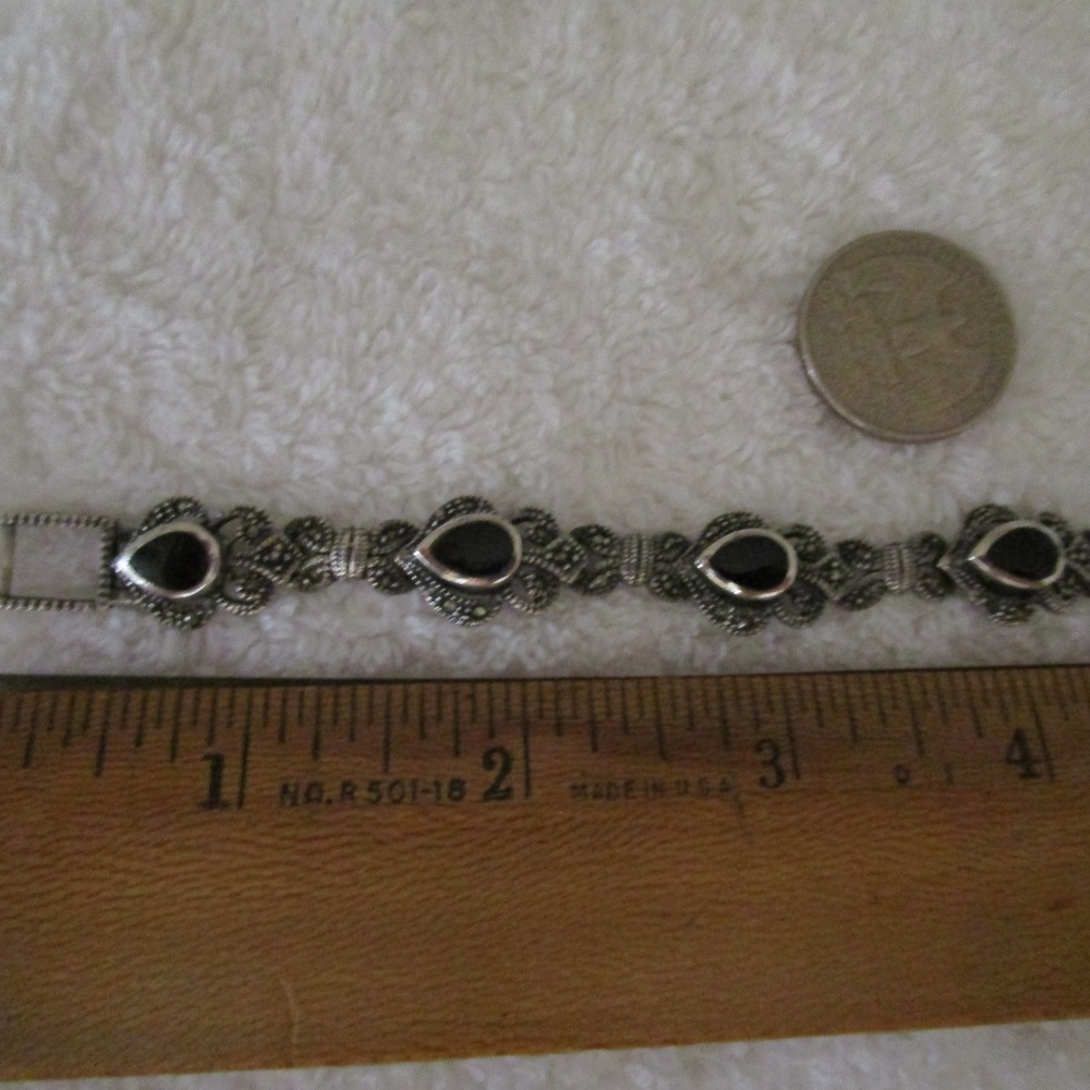 Vtg Sterling Silver Onyx and Marcastites Bracelet - Picture 2 of 6